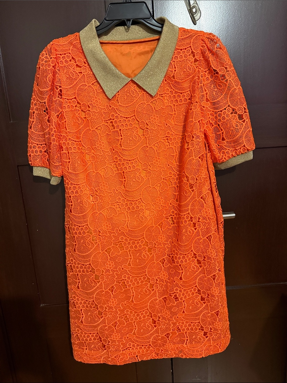 Bold Orange Lace Mini Dress with Gold Collar Aeffa
